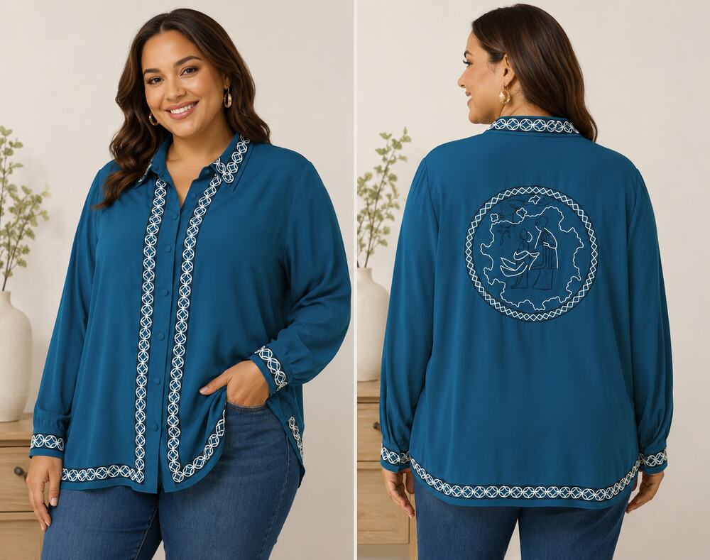 Diane Von Furstenberg SZ 3X Silk Button Front Blouse Embroidery Back Medallion